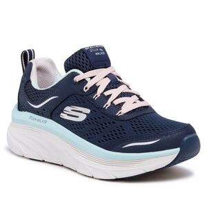 Skechers D'Lux Walker Leather Mesh Navy blue Peach Pink Tennis Shoes Women's 8.5